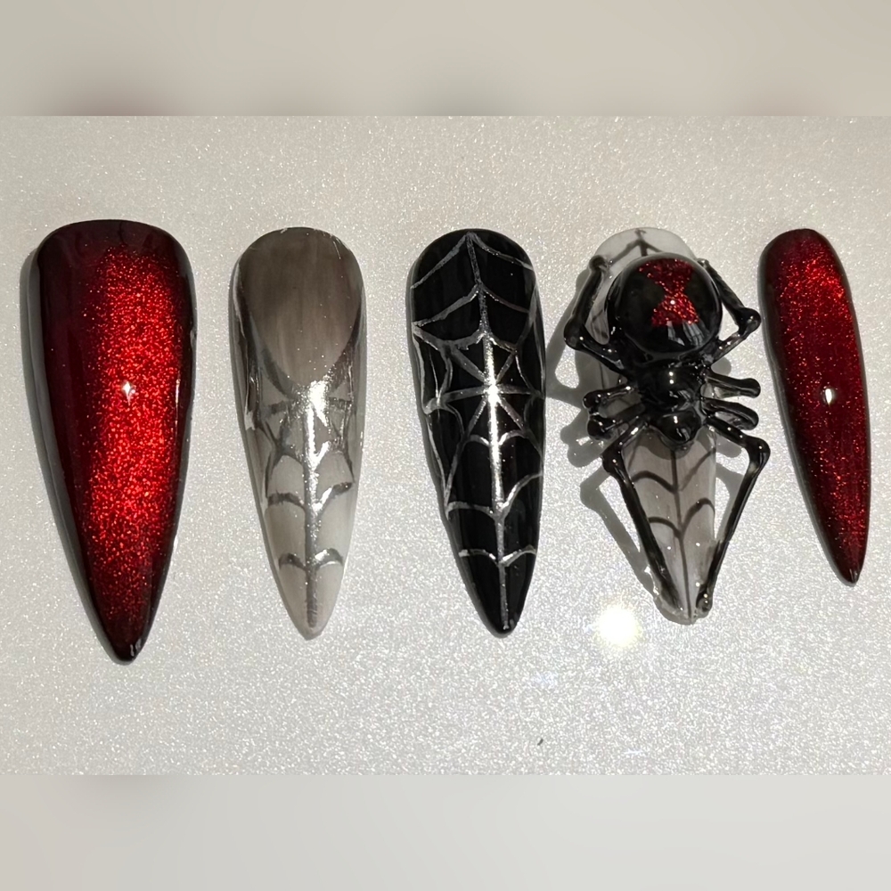 HandPainted Sculpted 3D Black Widow Gothic Stilleto Cat Eye Press On Nails 10Pc
